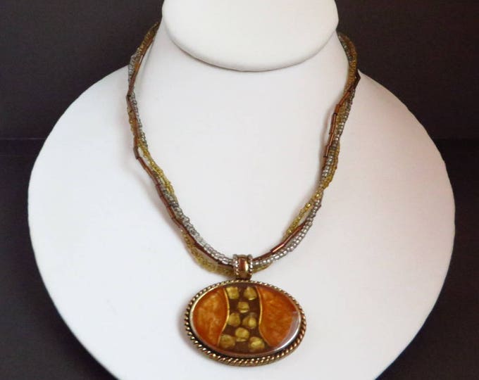 KC Necklace - Vintage Pendant Necklace, Oval Amber Medallion Triple Strand Boho Jewelry, Valentine's Day Gift