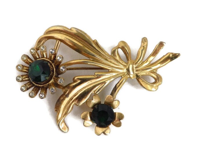 Rhinestone Bouquet Brooch - Vintage Green White Rhinestone Gold Tone Floral Pin, Gift for Her, Gift Boxed
