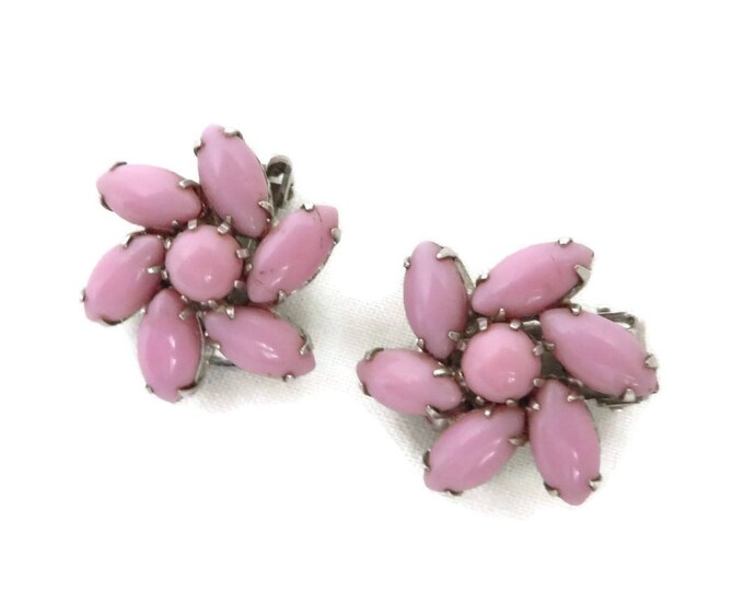 Weiss Pink Glass Earrings - Vintage Pinwheel Flower Silver Tone Clip-on Designer Signed Earrings