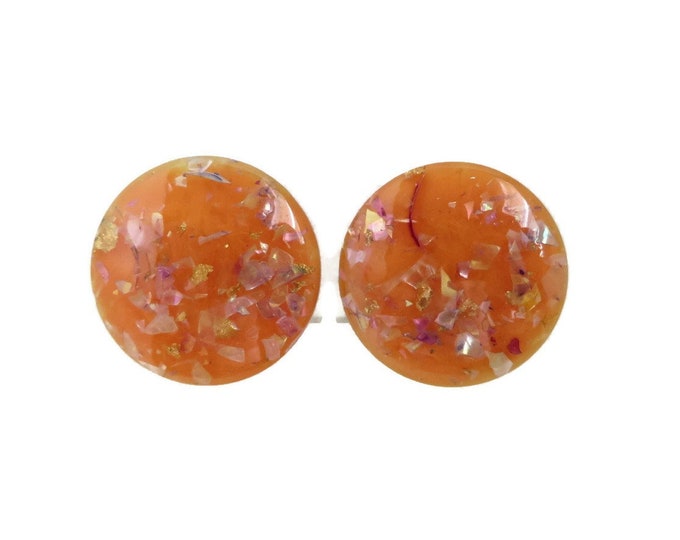 Orange Lucite Earrings, Vintage Confetti Earrings, Mid Century Button Clip on Earrings, Party Jewelry