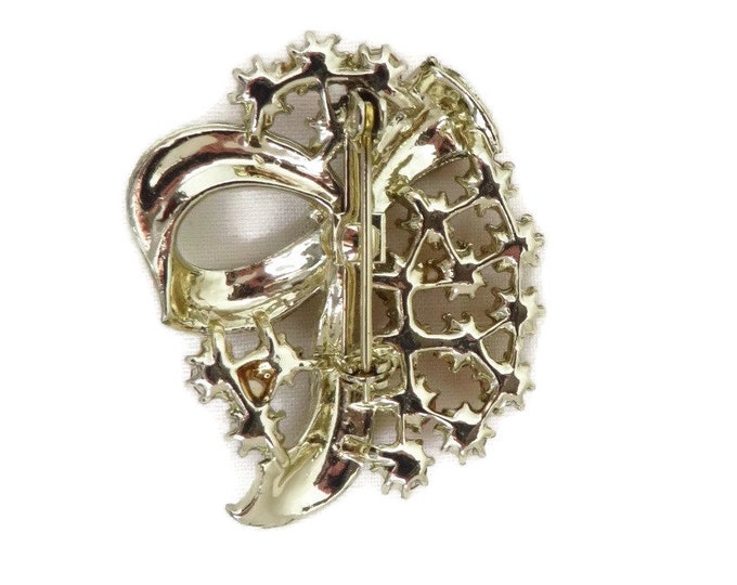 Vintage Orange Rhinestone Flower Brooch, Goldtone Bow Pin, 1960s Jewelry, Mid Century Brooch, Gift For Her