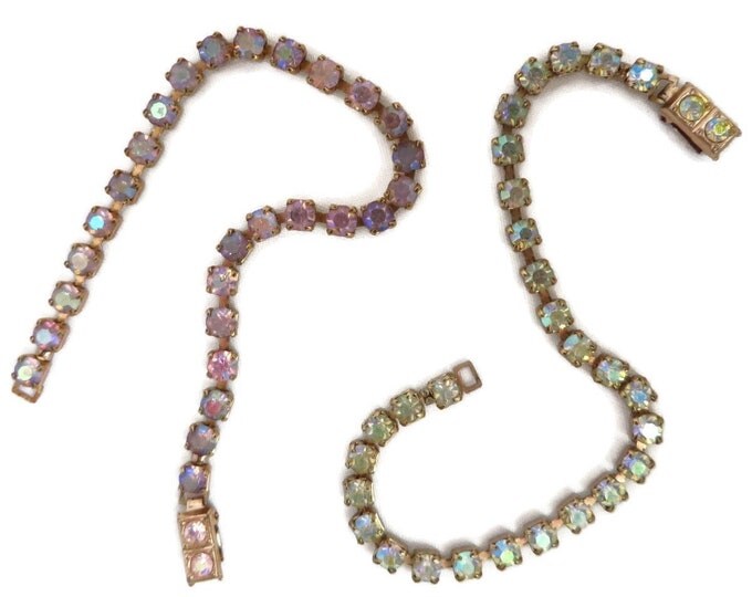 Tennis Bracelets, Vintage Rhinestone Tennis Bracelets - Pink & Clear Rhinestone Bracelet Pair, 1950s Jewelry