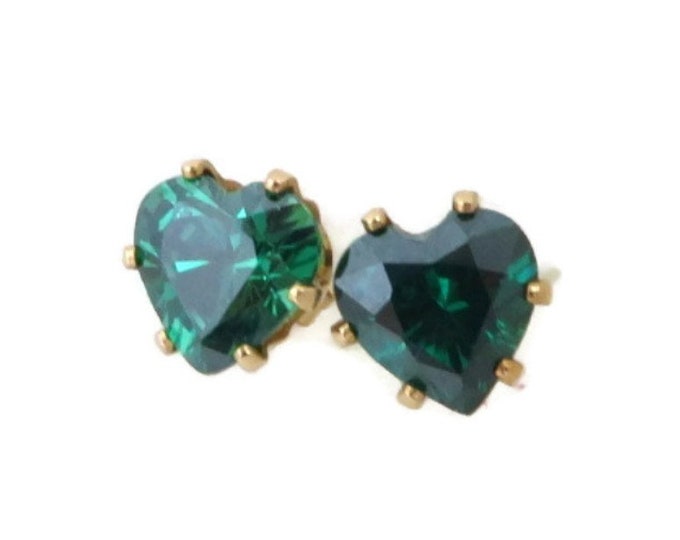 14K Gold Earrings, Emerald CZ Pierced Earrings, Vintage Heart Earrings, Pierced Studs, May Birthday, Gift for Her