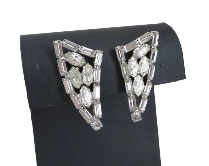 Rhinestone Earrings, Vendome Earrings, Vintage Silver Tone Triangle Clip-on Earrings, Bridal Jewelry, Formal Wear Gift Idea