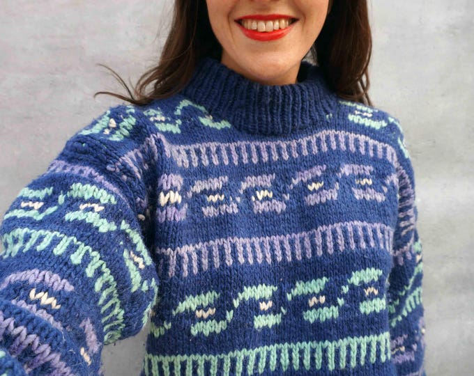 Blue Wool Sweater, Vintage Wool Sweater, Hand Knit Jumper, Slouchy Jumper, Patterned Jumper, Knitted Jumper Women, Oversized Jumper, 1980s