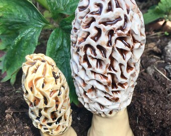 Handmade ceramic Morel mushrooms. Garden art fungi sponge