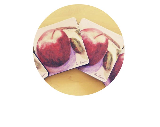 APPLE COASTER Gift Set; created from a reproduction of a watercolor painting by Pam Ponsart and offered by Pam's Fab Photos