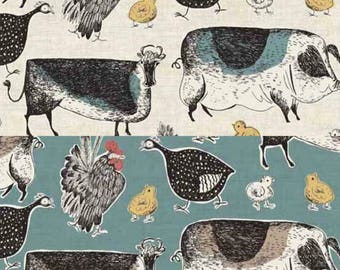 Cow Fabric, Pig Fabric - Home Grown - Andover Fabric 1776 Cream or Teal - Priced by the Half Yard