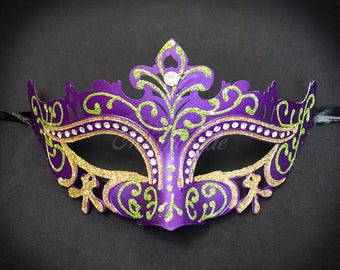 Masquerade Mask for Women, Classic Mask Purple, Green, Gold, RHINESTONES Mask, Costume Mask, Halloween Costume, Mardi Gras Color