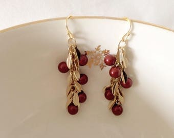 Cluster earrings Burgundy swarovski pearls with gold leaves