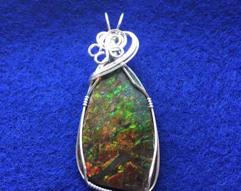 Ammolite Pendant, Sterling Silver Pendant, Wire Wrapped Ammolite, Ammolite Jewelry, Wire Wrapped Pendant