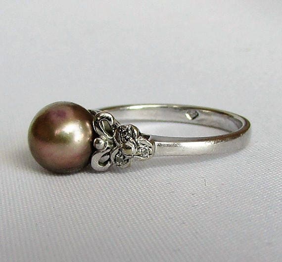 Cocoa Pearl and Diamond Ring Solid 14K White Gold Unique