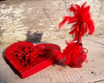 Photo book big red heart, wedding, engagement photo album, red feather pen and holder, unique birthday gift, crimson leafs, handmade paper