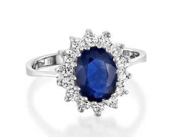 Diamond ring with Sapphire-Blue Sapphire-1ct Blue Sapphire-Engagement Ring-White gold Gold-Diana Ring-promise ring-multistone ring-for her