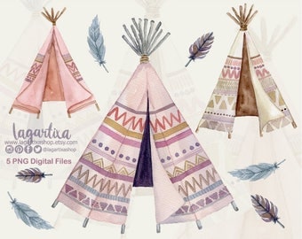 Teepee, Tipi Native American Watercolor clipart, Hand Painted, PNG, digital art, bridal shower, for blog banner