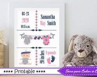 Digital wall art- Personalized Birth Stats art - nursery art - Nautical nursery art - 8x10 - Digital Printable