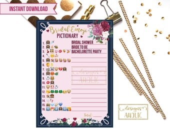 Bridal Emoji Pictionary; Floral Emoji Pictionary; Bridal Shower Printable Game; Navy Pink & Red Bridal Emoji Pictionary Printable Game