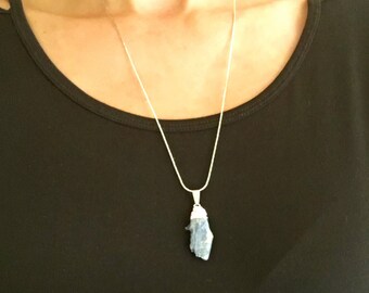 BLUE KYANITE NECKLACE kyanite pendant silver plated chain peaceful stone stone slab meditation jewelry