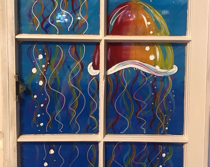 Hand Painted Window. Painting of Fish, Jellyfish Painting, Sea Life Painting, Painted Window, Repurposed Window,Beach house Decor