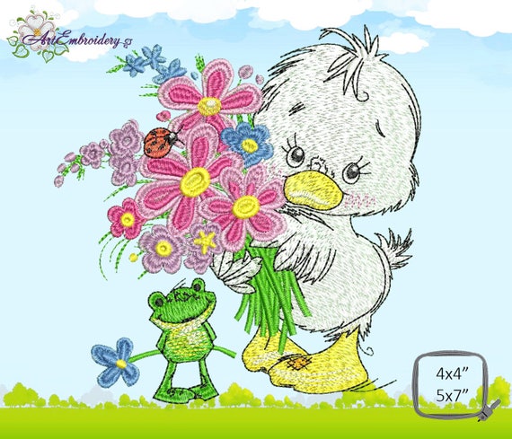 Duck with flowers machine embroidery design for a babies and