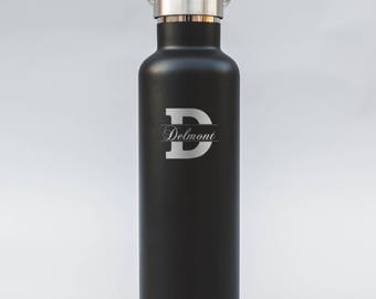 Cursive Name on Modern Initial Engraved Water Bottle | Double-Insulated Water Bottle | Elemental Bottles | 25 oz. with Bamboo Cap