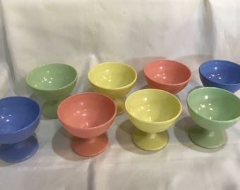 Hazel Atlas Sherbert Dishes Set of 8 Platonite Moderntone yellow pink blue green