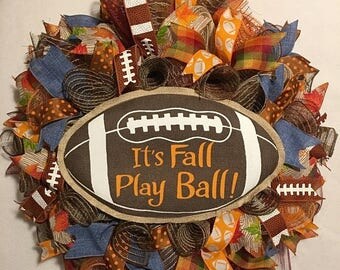 SALE Fall Football Wreath, Fall Wreath, Football Wreath, It's Fall Play Ball Wreath, Fall Burlap Mesh Wreath, Fall Door Wreath, Fall Mesh Wr