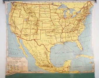 Vintage United States Pull-Down Map - 1955 A.J. Nystrom Co. Classroom Map