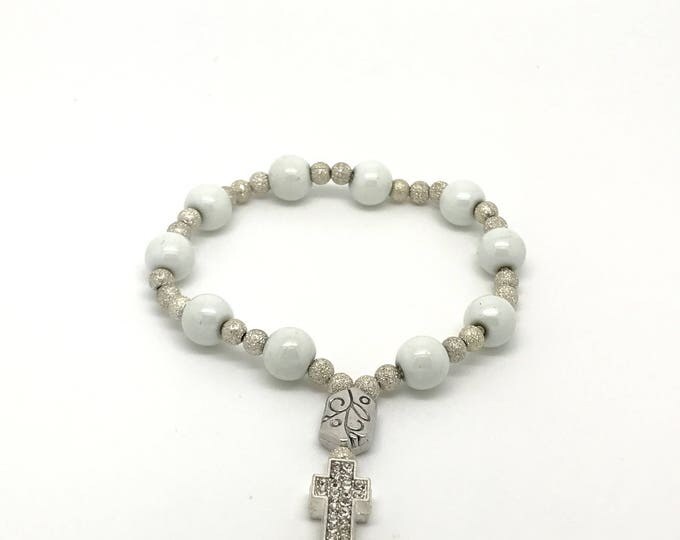 White cross Bracelet, White Bracelet, Silver white Cross Jewelry, Simple White Cross Bracelet