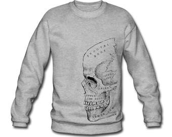 Skull Diagram Anatomy Skeleton Print Ethically Produced Sweatshirt Sweater For Men. Sizes M-XXL. Heather Grey.