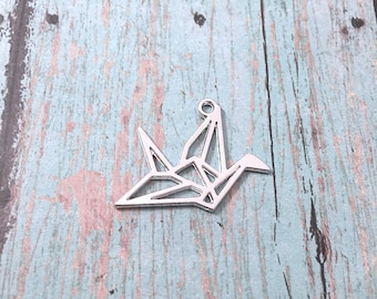 6 Large Origami crane charms (2 sided) - silver crane pendants, origami crane pendants, bird charms, Asian bird pendant, Japanese charm, VV6