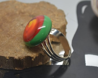 Multicolor green adjustable Lampwork Glass ring silver
