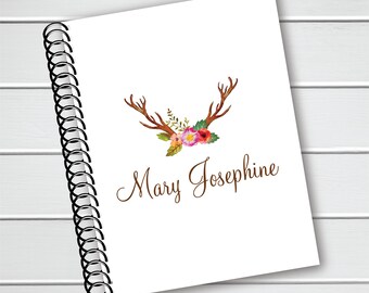 Personalized Notebook, Floral and Deer Antler Spiral Notebook, Writing Journal (NB001-PC)