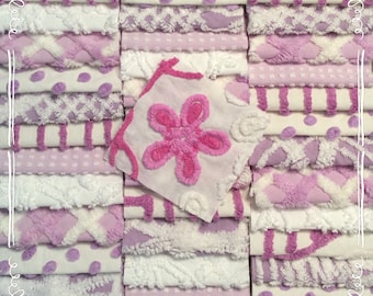 Chenille fabric quilt squares 42-6" blocks, purple, lavender, lilac, flower, very shabby chic, vintage bedspread fabric