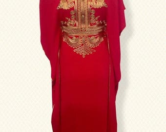 Summer Special Sale Red Moroccan kaftan Maxi Dress with gold embroidery
