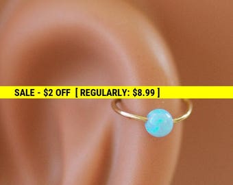 Opal cartilage earring, helix earring, tragus earring, Small Opal cartliage Ring, tiny hoop nose, Extra Small Sterling Silver Opal Nose Ring