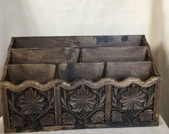 Vintage Lerner Kitchen Organizer, Office Organizer, Remote Organizer, Faux Carved Wood Box, Dark Brown Finish, Clear Counter Clutter
