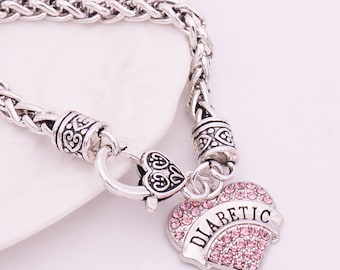 Diabetic Medical Awareness Charm Bracelet. Diabetes Emergency Alert ID Warning Fashion Jewelry. Gorgeous Pink Crystal Silver plated Pendant