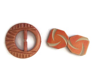 Vintage Belt Buckles 1930s 1940s Plastic Celluloid Orange Carved Unique Deco