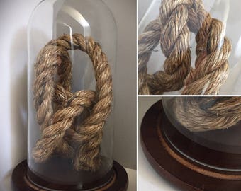 LARGE Vintage Wood Base Glass Cloche W/ Rope Piece - 13" Tall X 8" Diam DECOR