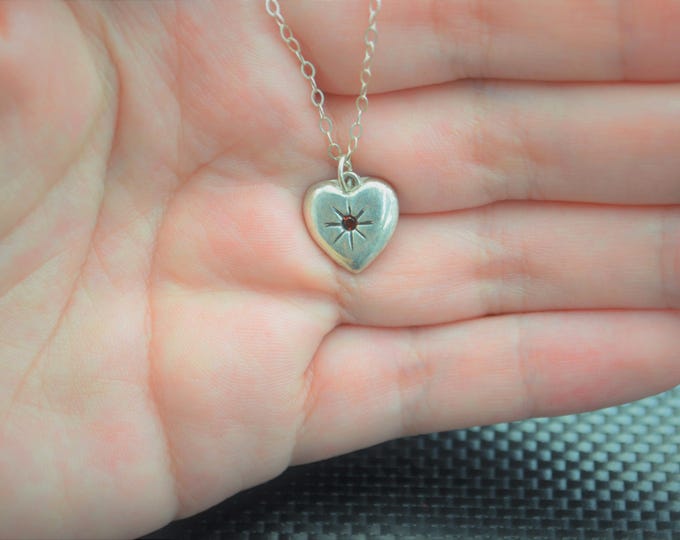 Garnet Mothers Necklace, Silver Heart Necklace, Garnet Necklace, Dainty Necklace, Heart Necklace, Mothers Necklace, January Birthstone
