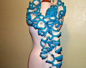 On Sale- White Ruffle Sashay Scarf Crochet Boa Trimmed in Bright Blue 80 Inches X Long Lacy Look With Flower Brooch