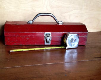Vintage Metal Tool Box, Small Metal Tool Box, Red Metal Tool Box