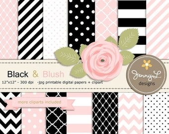 50% OFF Black and Blush Pink Digital Paper, Blush Rose Flower Clipart for Wedding, Bridal Baby Shower, Birthday, Digital Scrapbooking, Invit