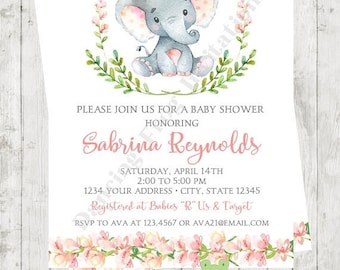 SALE Custom Printed 4.25X5.5" Watercolor Girl Elephant Baby Shower Invitations, envelopes included