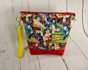 Wonder Woman (Red Canvas) Medium Knitting Project Bag, Zippered Wedge Bag, Zipper Bag, Shawl Project Bag WM0027