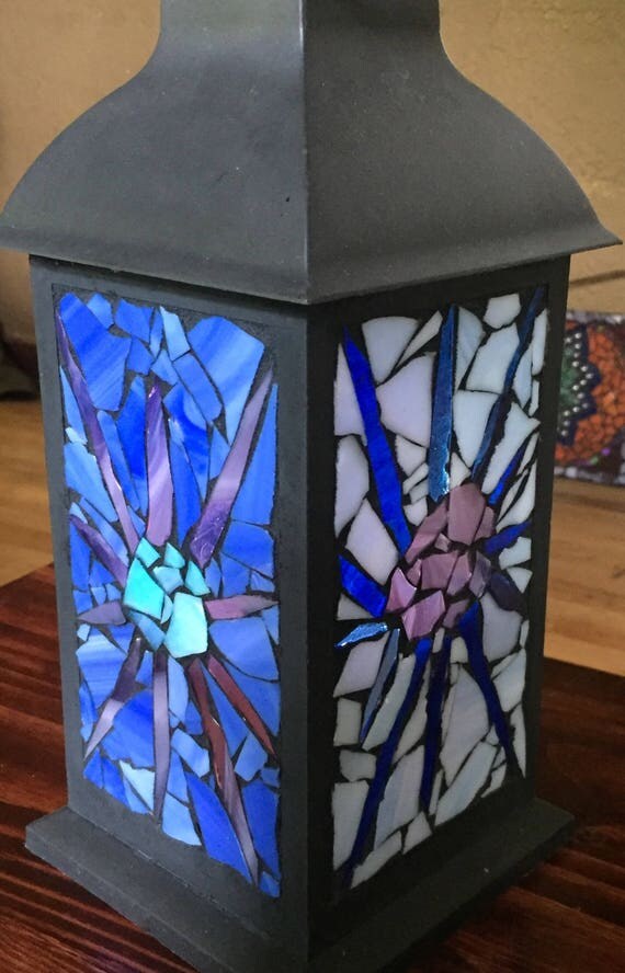 Starburst Led Stained Glass Candle Lantern Blue And Purple 4290