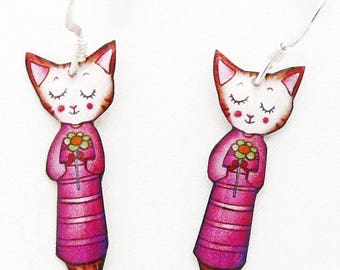 Earrings in 925 sterling silver and resin cats
