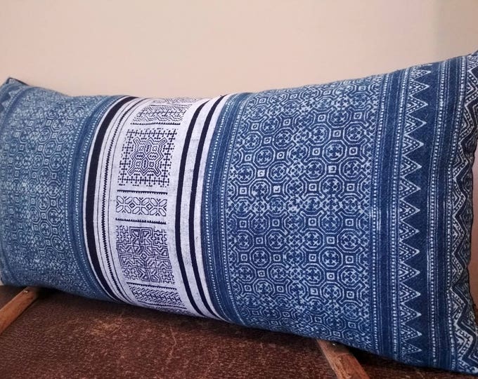 12"x 24" Boho Ethnic Indigo Hmong Fabric Pillow Cover, Hill Tribe Handmade Cotton Batik Pillow Case, Tribal Handpainted Textile Pillow
