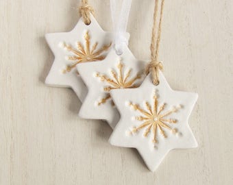 3 Clay Star Christmas Decorations, White Clay Snowflake Christmas Tree Decoration, Hanging Ornament, Stocking Filler, Handmade Artisan Xmas